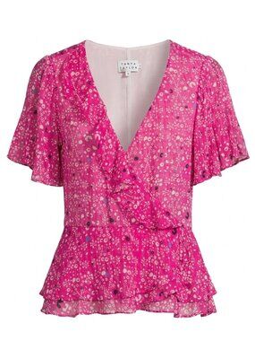 Tanya Taylor Bianka Top Women's Pink Floral Ikat Mosaic Silk Blend Ruffle Sz 4
